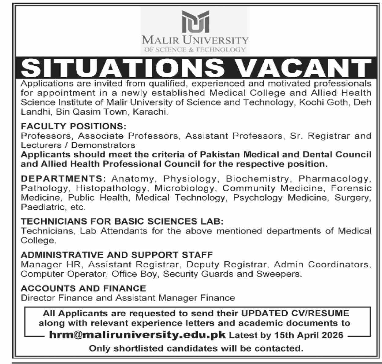 Malir University Karachi Jobs