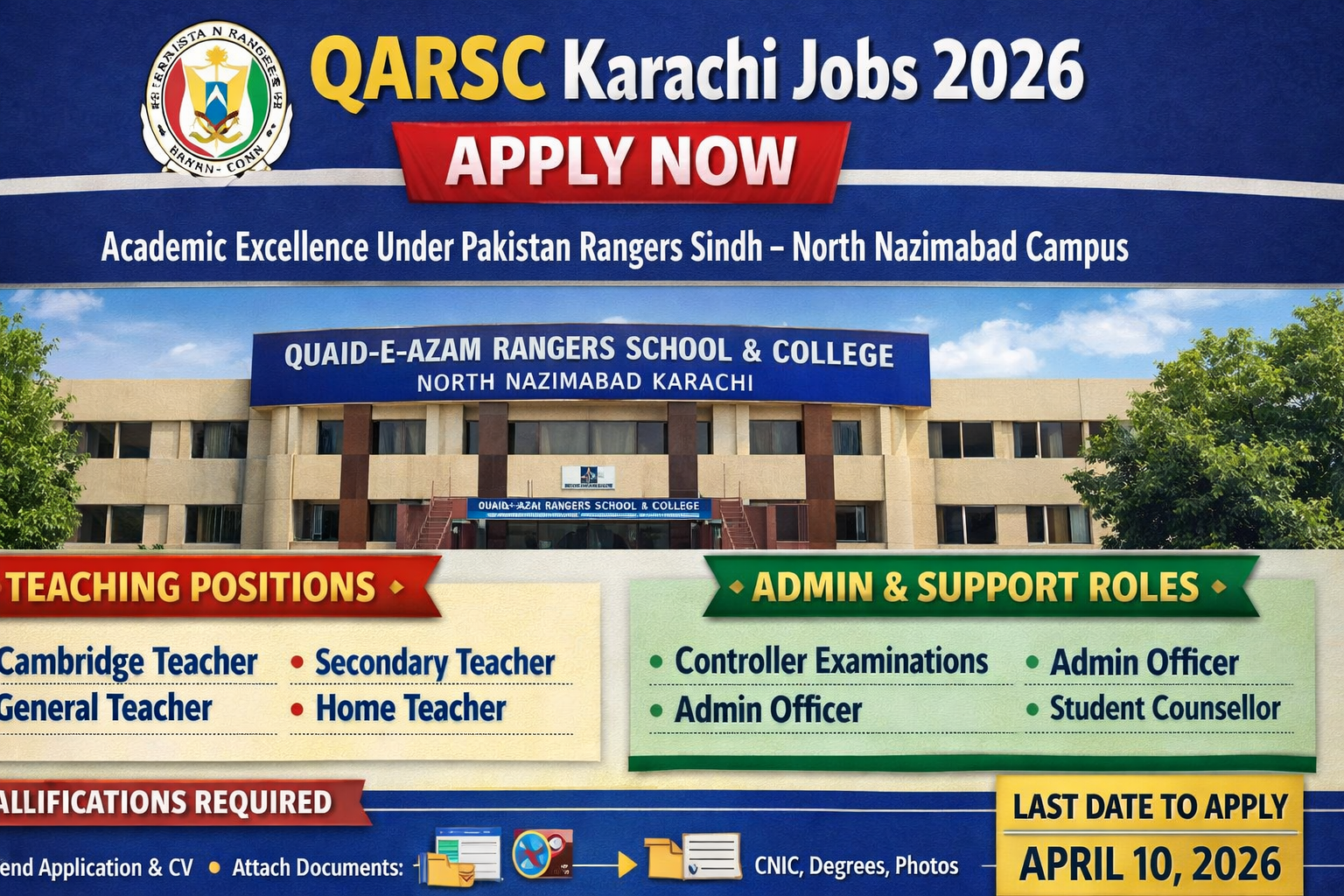 QARSC Karachi Jobs 2026 Apply Now for teaching and administrative vacancies at Quaid-e-Azam Rangers School & College. Check eligibility, positions, application process, and deadline April 10, 2026.