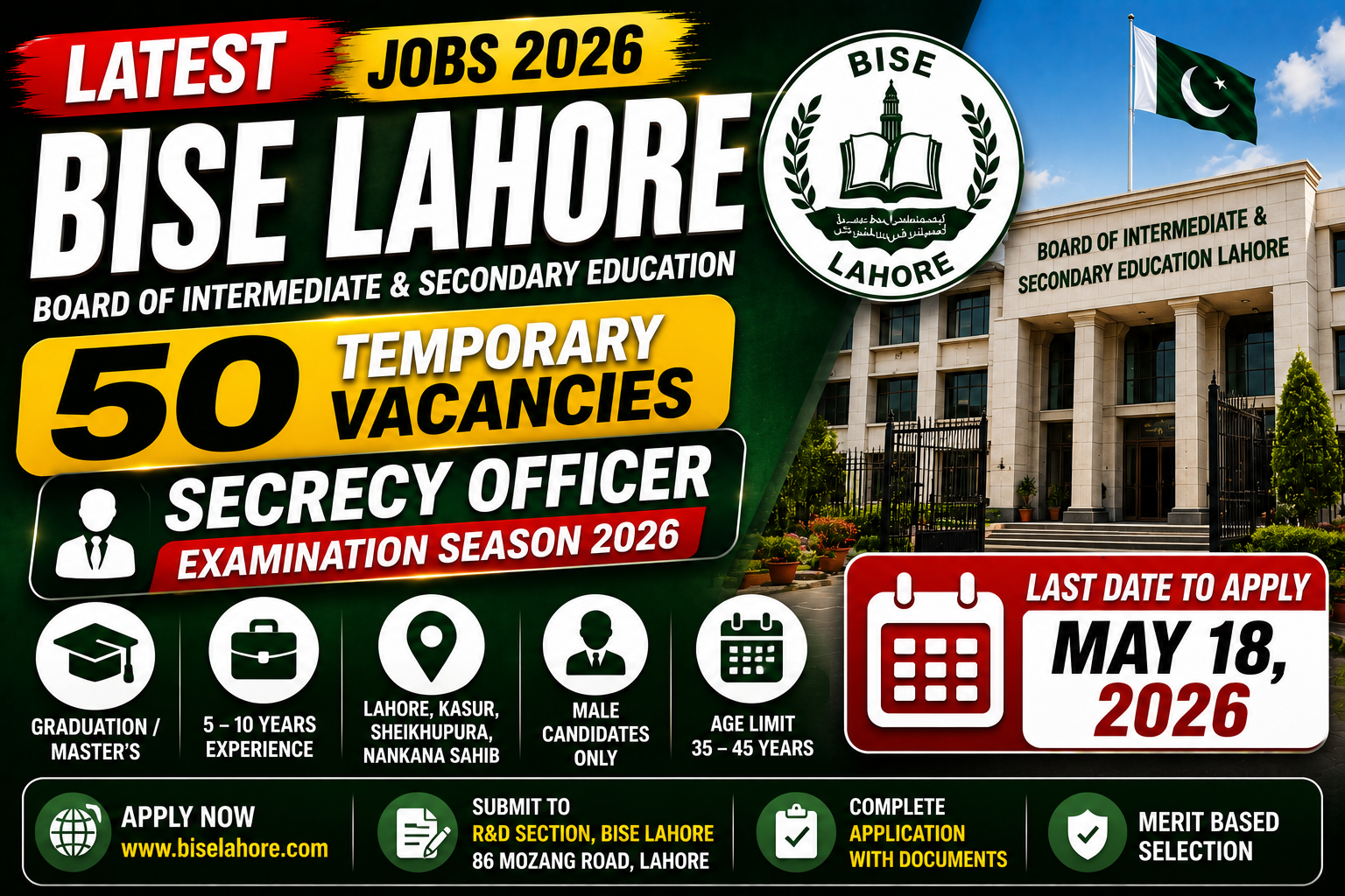 Job vacancies at BISE Lahore 2026