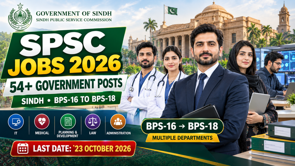 SPSC Jobs 2026 with 54+ government posts across multiple departments in Sindh