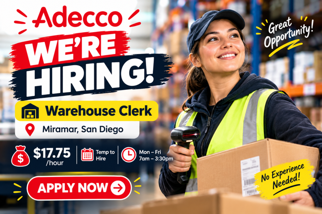 Adecco job recruitment advertisement for a Warehouse Clerk in Miramar, San Diego, showing a smiling worker holding a barcode scanner and package