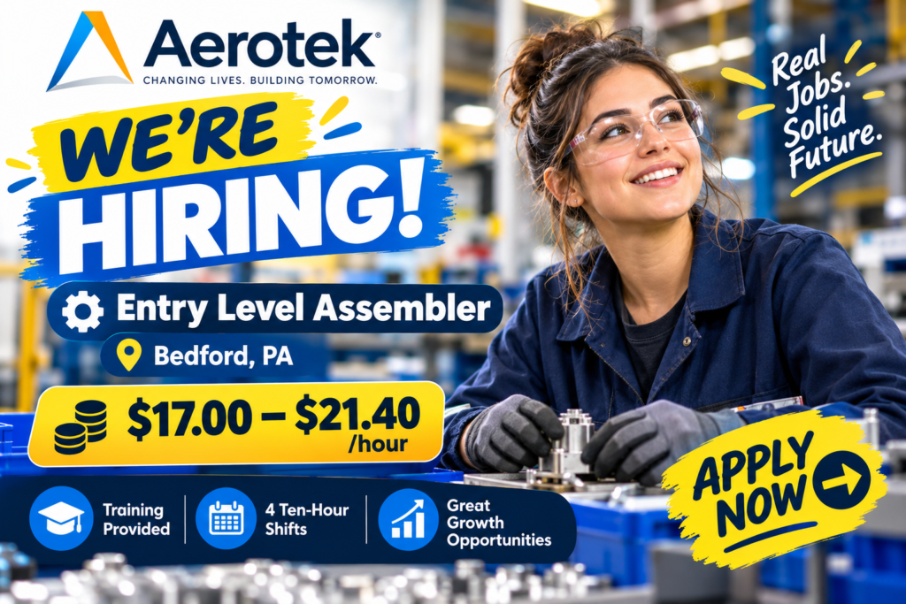 Aerotek job posting for an Entry Level Assembler position in Bedford, PA, featuring an assembler working in a manufacturing facility.