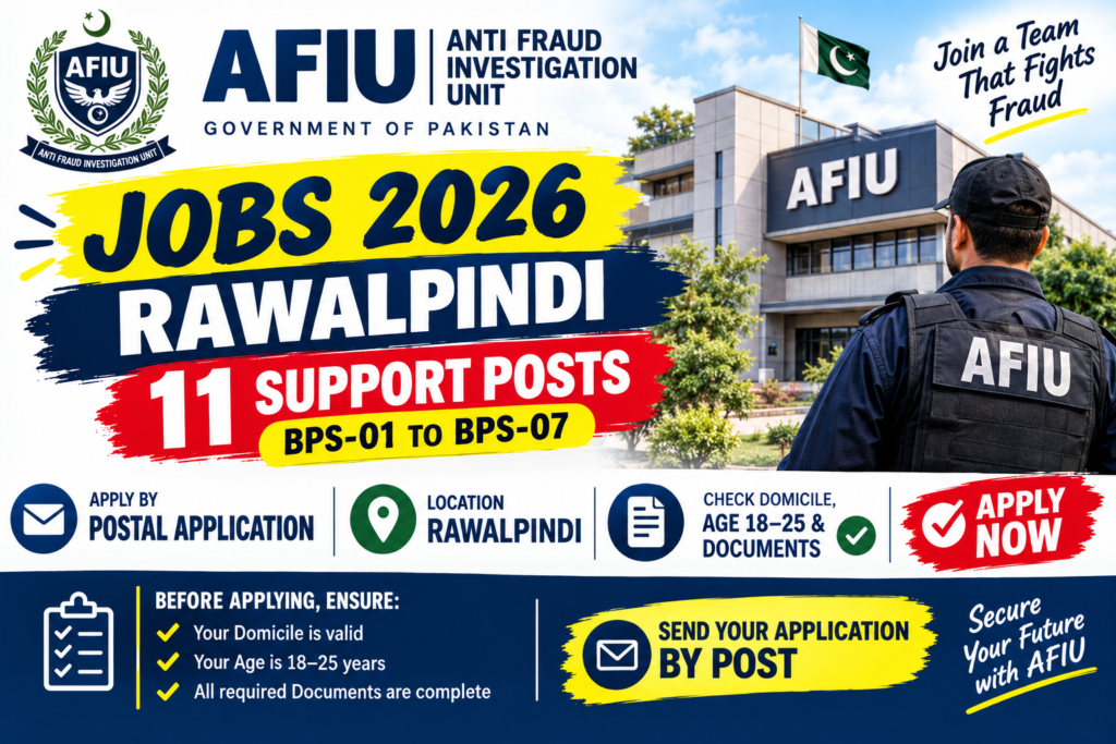 Anti Fraud Investigation Unit (AFIU) Government of Pakistan recruitment ad for 11 support posts ranging from BPS-01 to BPS-07 in Rawalpindi.