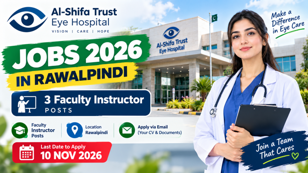 Al Shifa Trust Eye Hospital Jobs 2026 in Rawalpindi featuring three faculty instructor vacancies with a female medical professional.