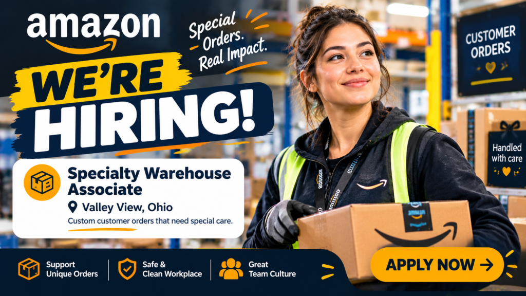 Amazon recruitment ad for a Specialty Warehouse Associate position in Valley View, Ohio, showing a smiling warehouse worker holding an Amazon package