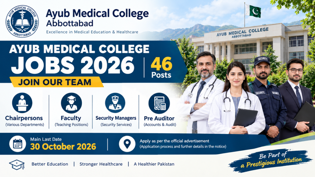 Ayub Medical College Jobs 2026 featuring 46 vacancies for chairpersons, faculty, security managers and pre auditors