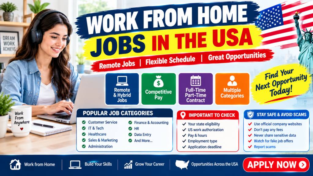 Work From Home USA Jobs 2026 featuring remote and hybrid job opportunities, flexible schedules, competitive pay, and multiple career categories across the United States.