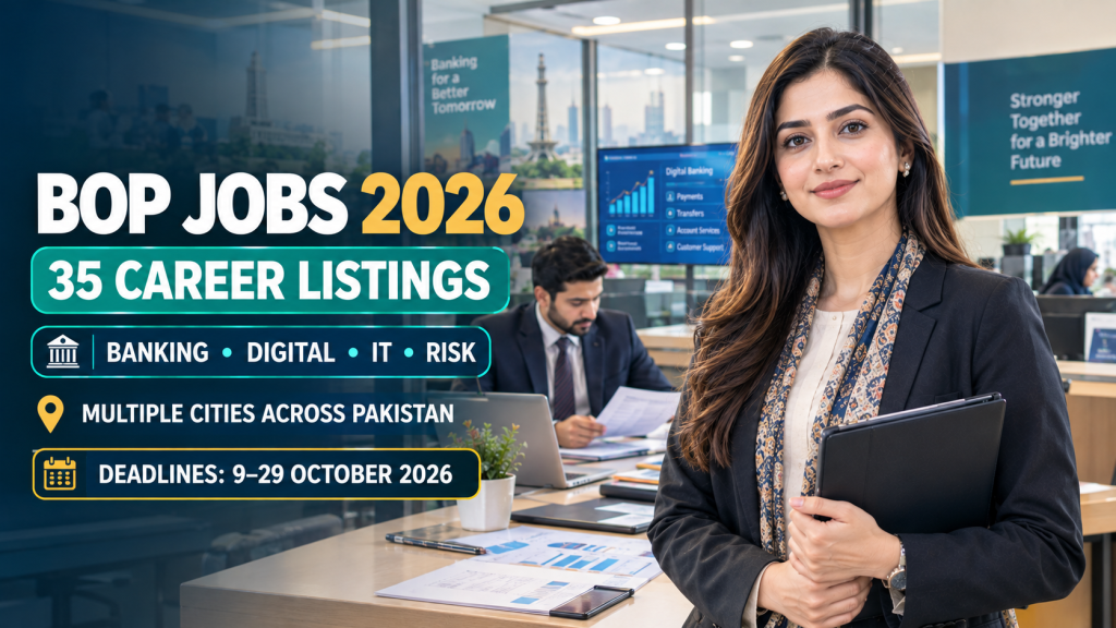 Bank of Punjab BOP Jobs 2026 featuring 35 career listings in banking, digital banking, IT, and risk management across Pakistan.