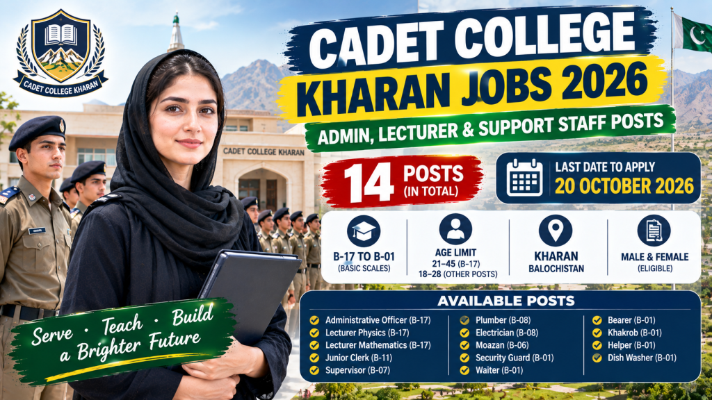 Cadet College Kharan Jobs 2026 featuring 14 vacancies for administrative, lecturer, and support staff positions in Kharan, Balochistan, with an application deadline of 20 October 2026.
