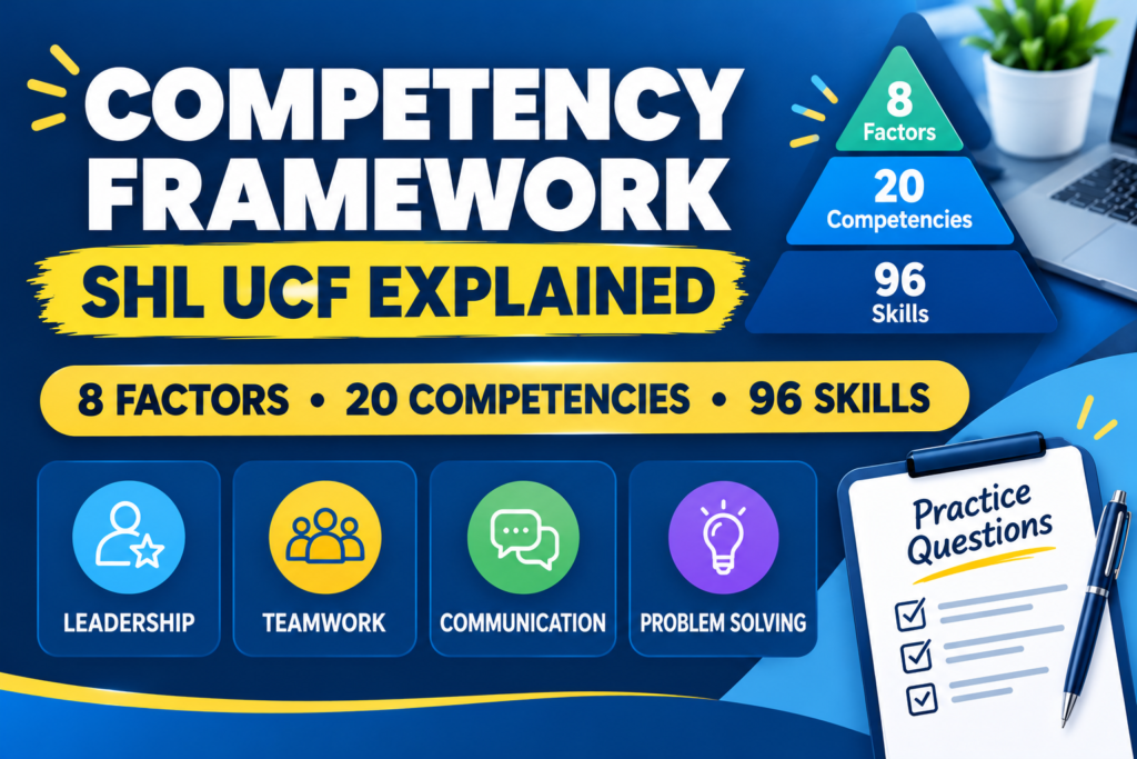 SHL Universal Competency Framework explained with 8 factors, 20 competencies, 96 skills, and practice questions.
