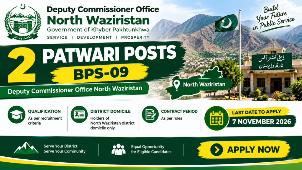 Deputy Commissioner Office North Waziristan Jobs 2026 featuring two Patwari vacancies in BPS-09 for candidates holding North Waziristan district domicile, with a deadline of 7 November 2026.
