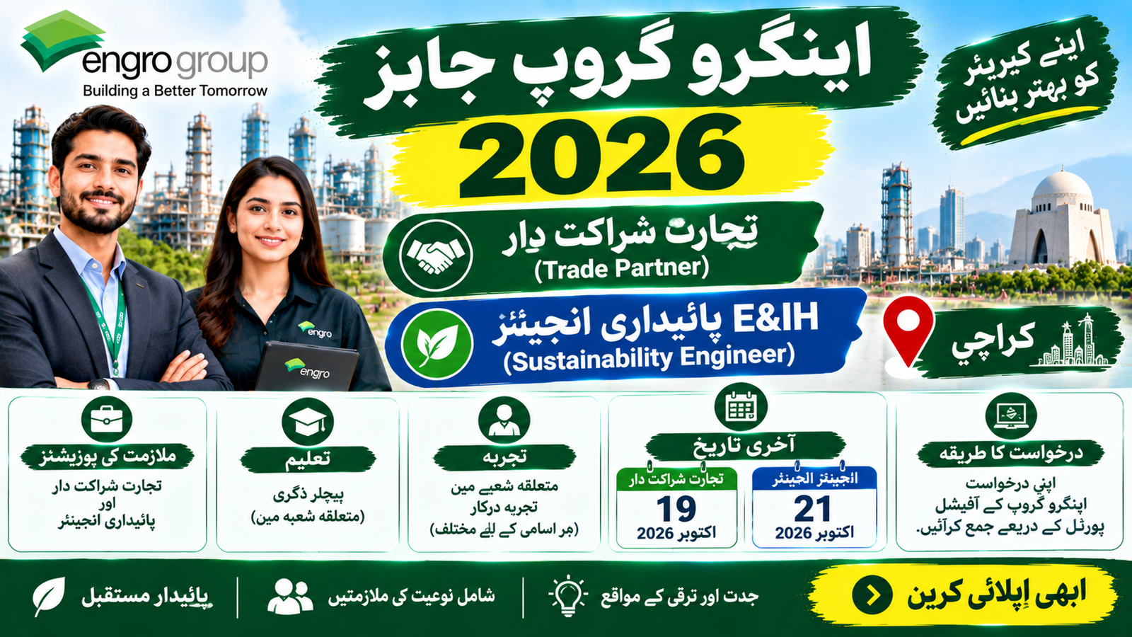 Engro Group Jobs October 2026 – Trade Partner and E&IH Sustainability Engineer posts in Karachi