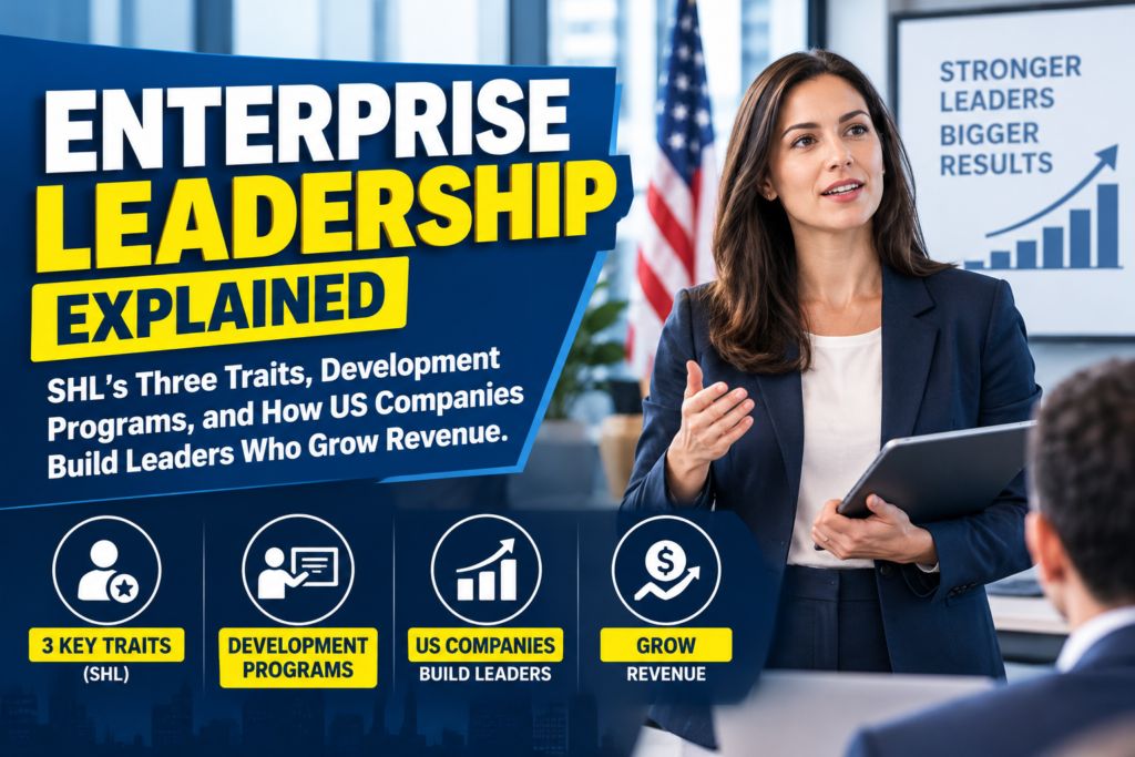 Enterprise leadership explained infographic covering SHL's three leadership traits, leadership development programs, and how US companies develop effective business leaders.