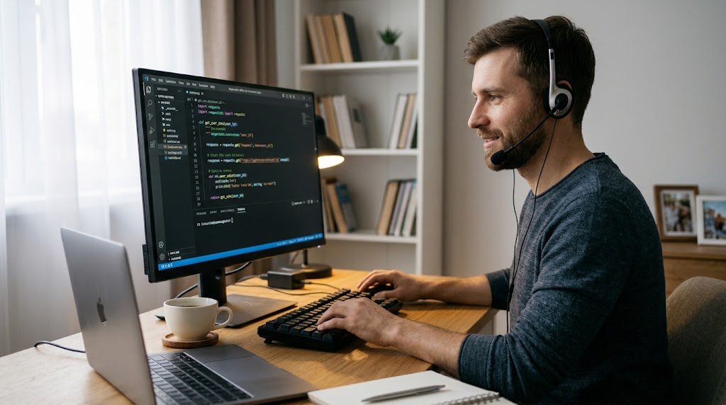 A man with short brown hair and a headset sitting at a wooden desk in a home office, smiling while working on a dual-monitor setup displaying code.