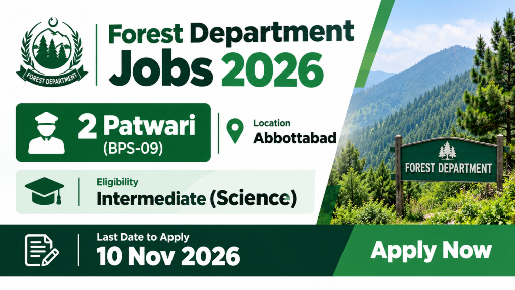 Forest Department Jobs 2026 in Abbottabad for 2 Patwari posts (BPS-09), requiring Intermediate Science qualification.