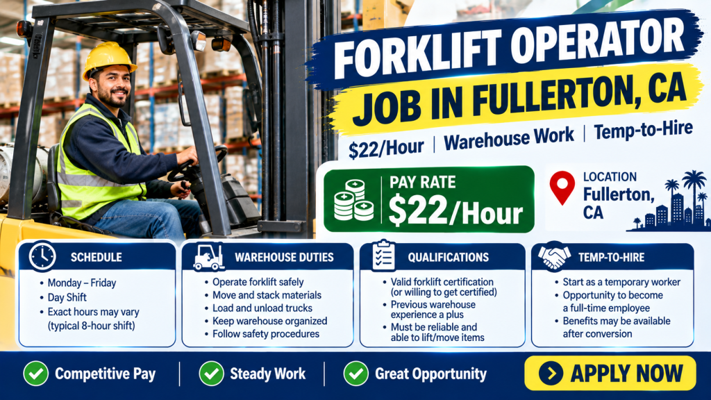 Forklift Operator job in Fullerton, California, offering $22 per hour for warehouse work, with weekday day shifts, forklift certification requirements, and temp-to-hire opportunities.