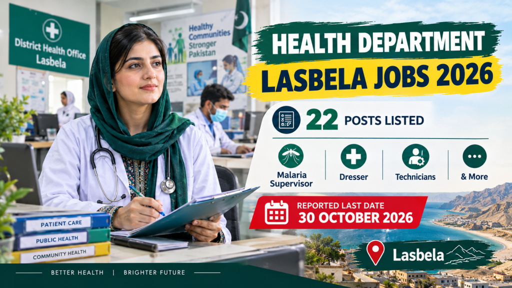 Health Department Jobs In Lasbela 2026 thumbnail showing a healthcare professional, 22 listed posts, and Lasbela vacancies.