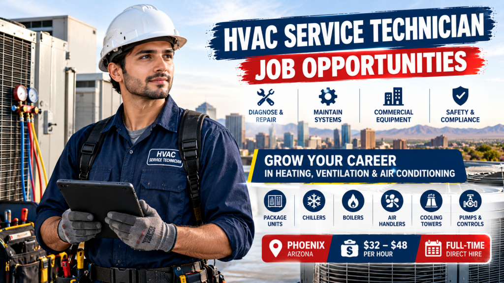 HVAC Service Technician Job Opportunities in Phoenix Arizona featuring a technician inspecting commercial HVAC equipment and advertised pay of $32–$48 per hour.