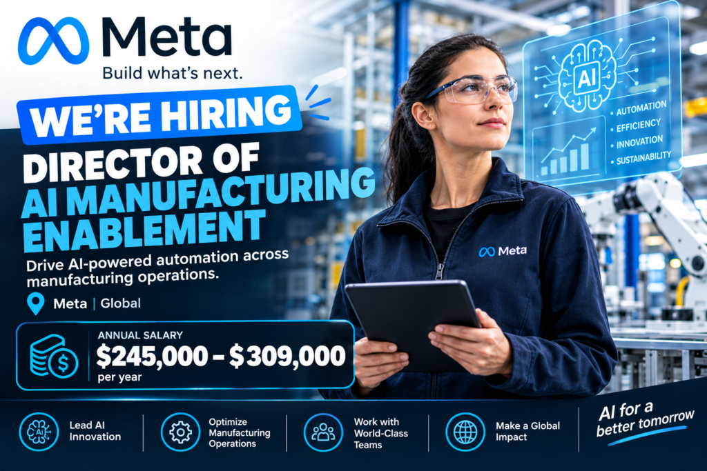 Meta job recruitment advertisement for a Director of AI Manufacturing Enablement, featuring a professional holding a tablet with virtual AI automation graphics.