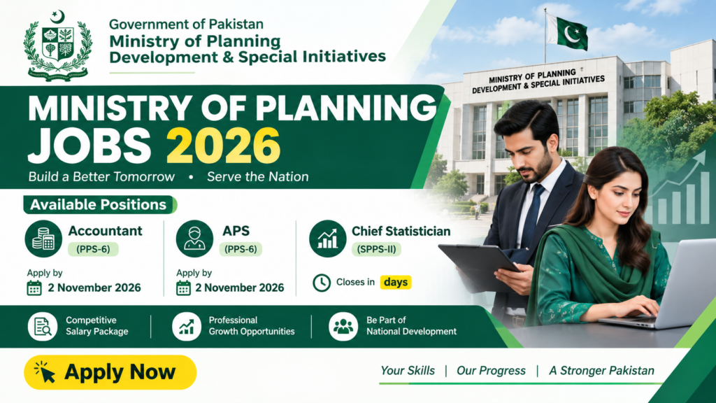 Ministry of Planning Jobs 2026 for Accountant, APS and Chief Statistician positions in Pakistan.