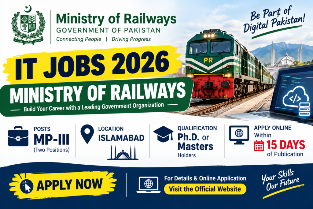 Ministry of Railways Government of Pakistan IT jobs recruitment ad for MP-III positions in Islamabad requiring Ph.D. or Masters degrees.