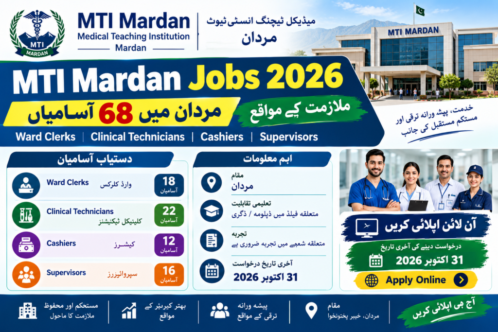 MTI Mardan Jobs 2026 advertisement featuring 68 vacancies for Ward Clerks, Clinical Technicians, Cashiers, and Supervisors in Mardan.