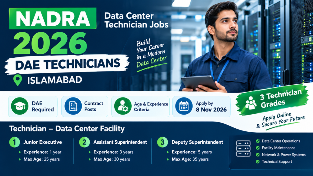 NADRA Data Center Technician Jobs 2026 in Islamabad featuring three DAE technician vacancies, age limits, experience requirements, contract details and application deadline.