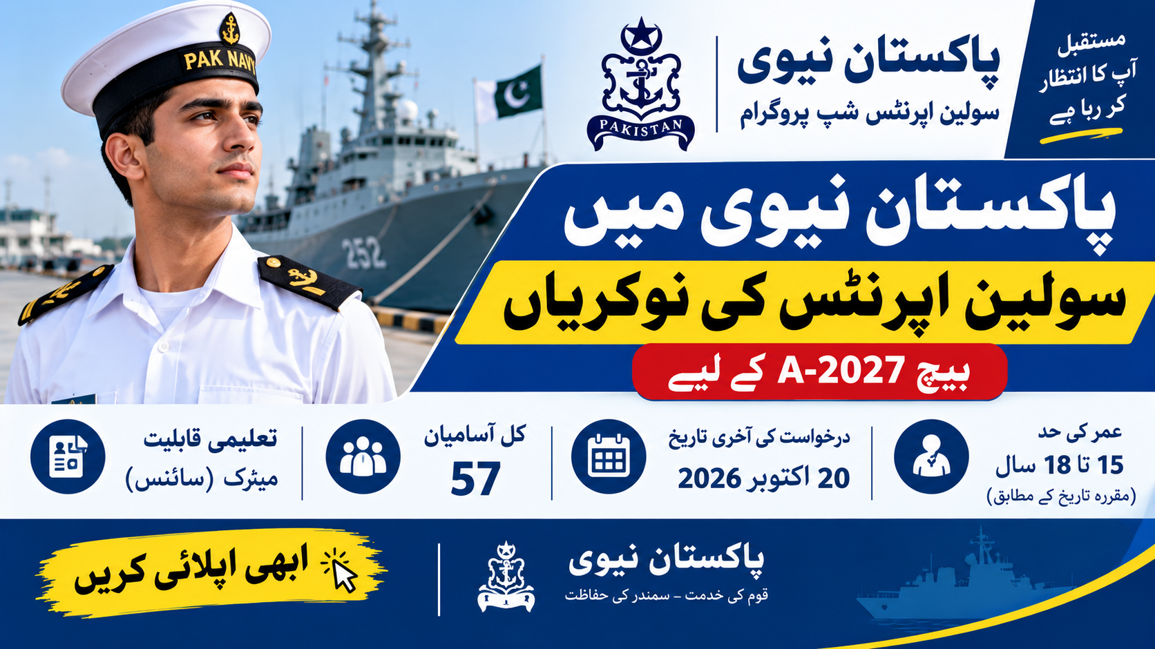 Pak Navy Civilian Apprentice Jobs 2026 – Batch A-2027 Civil Apprentice vacancies