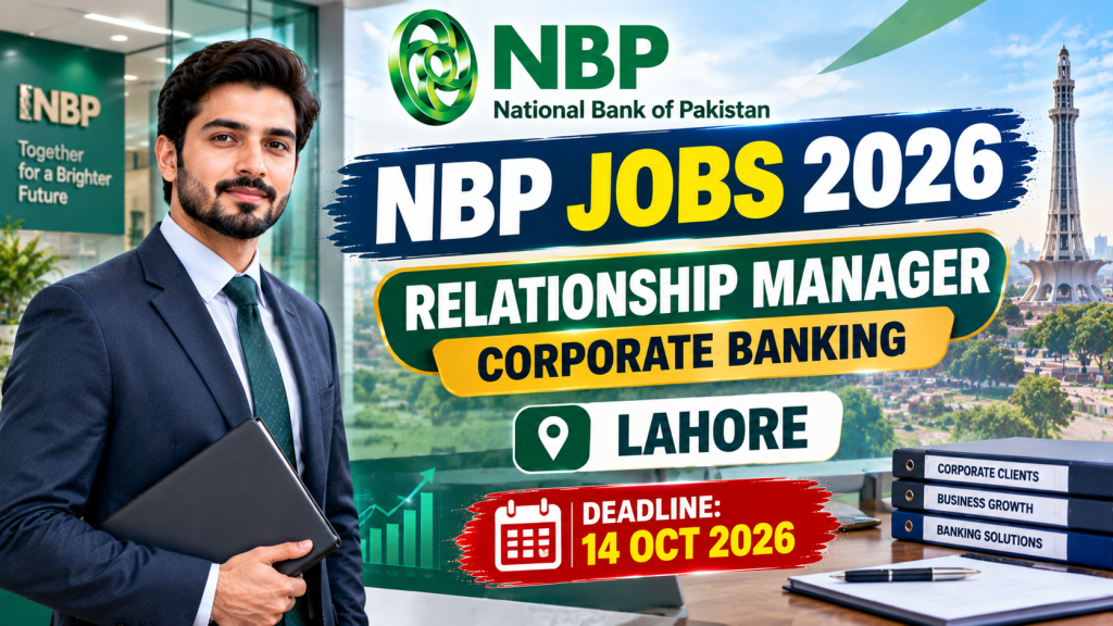 NBP Jobs 2026 Relationship Manager Corporate Banking vacancy in Lahore, Pakistan, with reported application deadline of 14 October 2026.