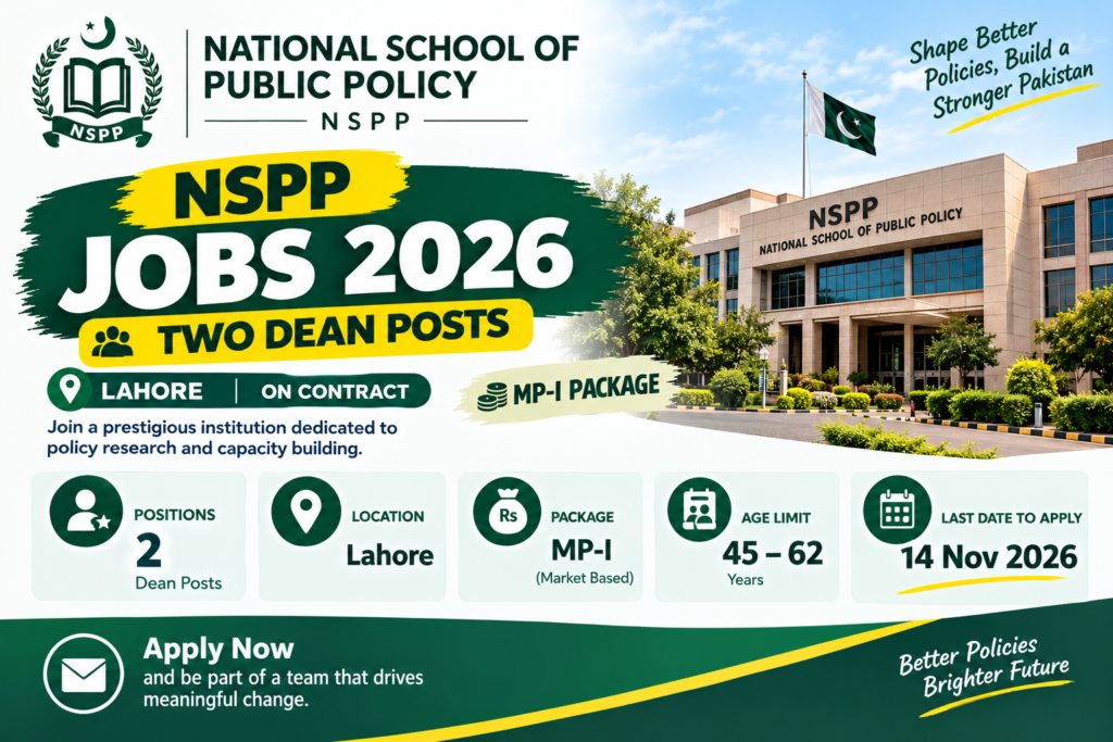 NSPP Jobs 2026 advertisement for two Dean positions in Lahore on contract with an MP-I pay package.