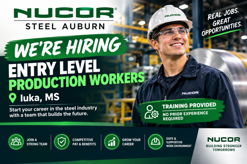 Nucor Steel Auburn job recruitment ad for Entry Level Production Workers in Iuka, MS, featuring a steel worker in safety gear.
