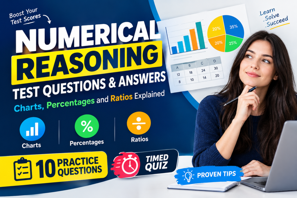 Numerical reasoning test questions and answers thumbnail featuring charts, percentages, ratios, a practice question table, and a timed quiz for USA job applicants and aptitude test preparation.