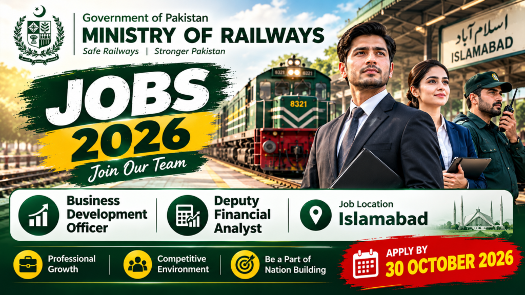 Pakistan Railways Jobs 2026 recruitment thumbnail showing Business Development Officer and Deputy Financial Analyst positions, Islamabad job location, and the advertised deadline of 30 October 2026.