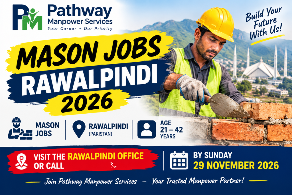 Pathway Manpower Services job recruitment ad for Masons in Rawalpindi, Pakistan, for applicants aged 21 to 42 years.