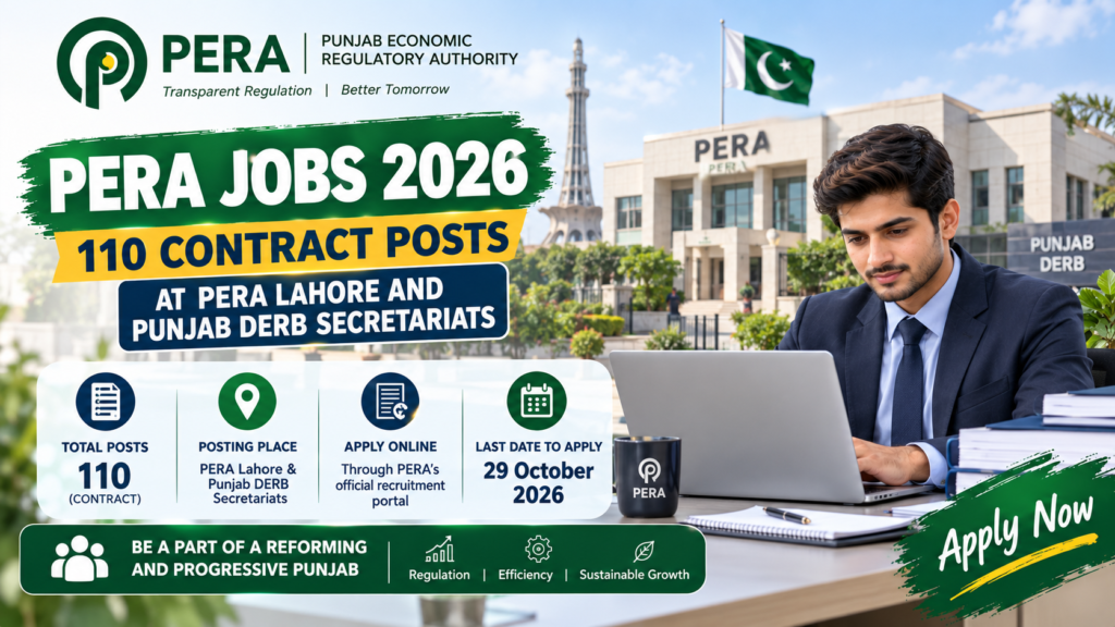 PERA Jobs 2026 recruitment advertisement featuring 110 contract posts at PERA Lahore and Punjab DERB secretariats.
