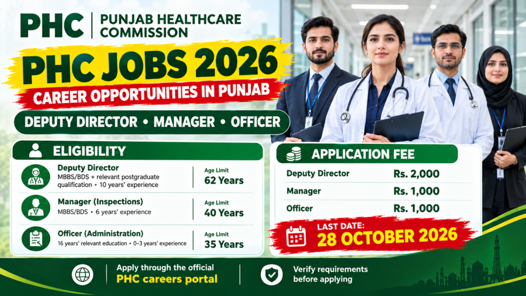 PHC Jobs 2026 recruitment poster for Punjab Healthcare Commission featuring Deputy Director, Manager and Officer vacancies, eligibility information, application fees and the advertised deadline.