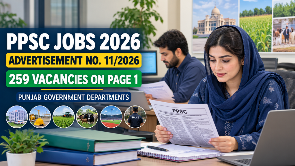 Pakistani female applicant reviewing the PPSC Jobs 2026 recruitment advertisement for Punjab government vacancies.