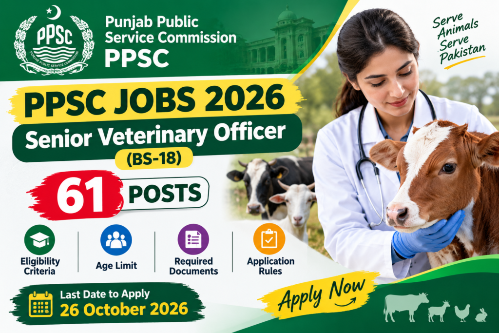 PPSC Jobs 2026 thumbnail announcing 61 Senior Veterinary Officer BS-18 vacancies, featuring a veterinarian examining a calf, with information about eligibility criteria, age limit, required documents, application rules, and the 26 October 2026 deadline.