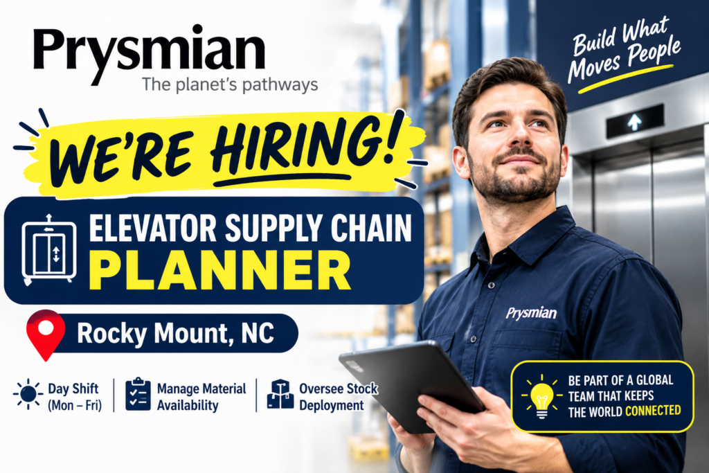Prysmian recruitment advertisement for an Elevator Supply Chain Planner in Rocky Mount, NC, showing an employee holding a tablet near an elevator shaft