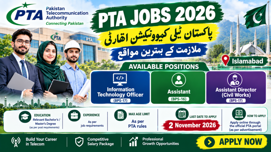 PTA Jobs 2026 thumbnail featuring Information Technology Officer, Assistant, and Assistant Director Civil Works vacancies in Islamabad.