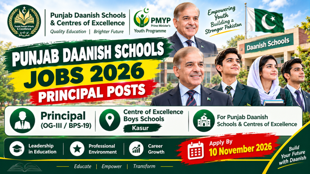 Punjab Daanish Schools Jobs 2026 recruitment thumbnail announcing Principal vacancies (OG-III/BPS-19) at Centre of Excellence Boys Schools in Kasur, with an application deadline of 10 November 2026. Copy alt text