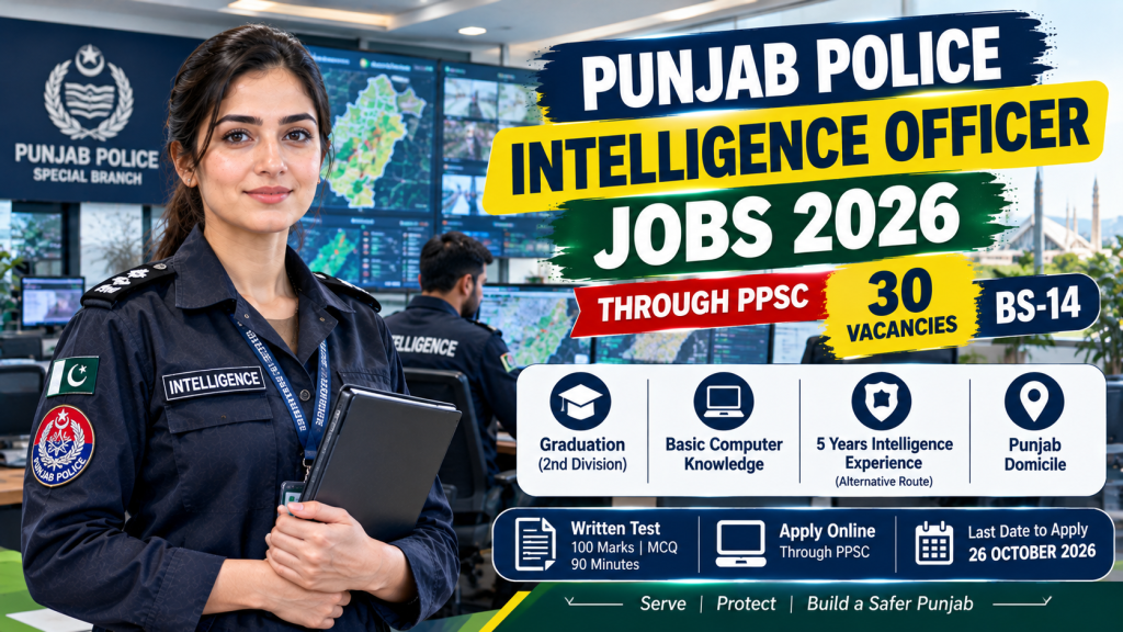 Punjab Police Intelligence Officer Jobs 2026 PPSC recruitment thumbnail showing BS-14 vacancies, qualification requirements, written test details, and last date to apply.
