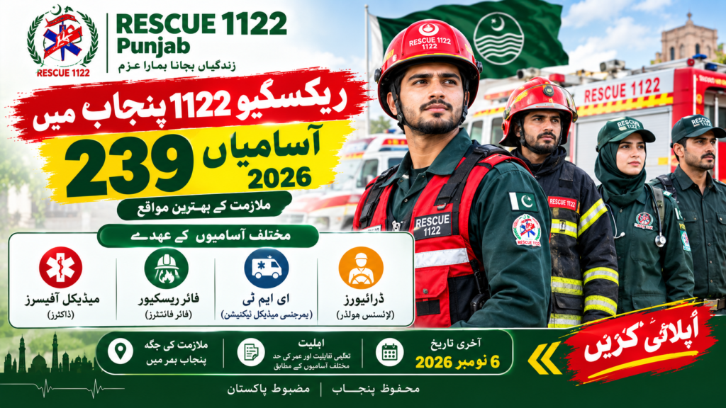 Rescue 1122 Jobs 2026 recruitment graphic showing 239 Punjab vacancies for emergency medical technicians, firefighters, drivers and medical officers.