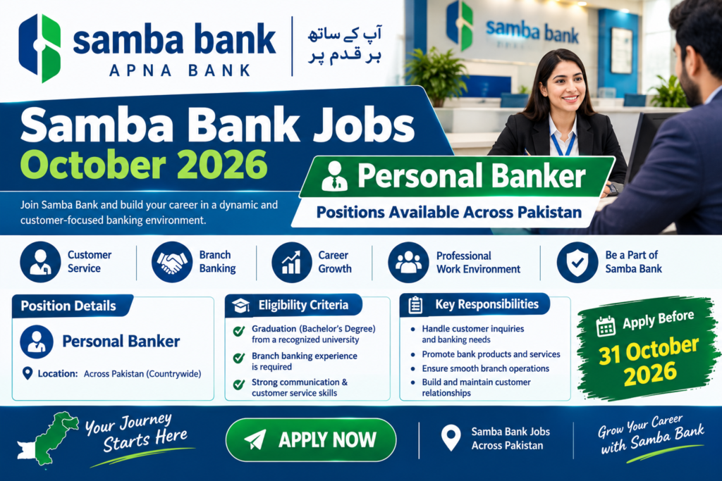 Samba Bank Jobs October 2026 for Personal Banker vacancies across Pakistan