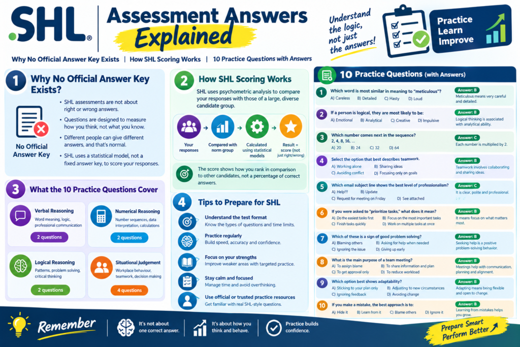 SHL assessment answers guide explaining test scoring and practice questions with answers.