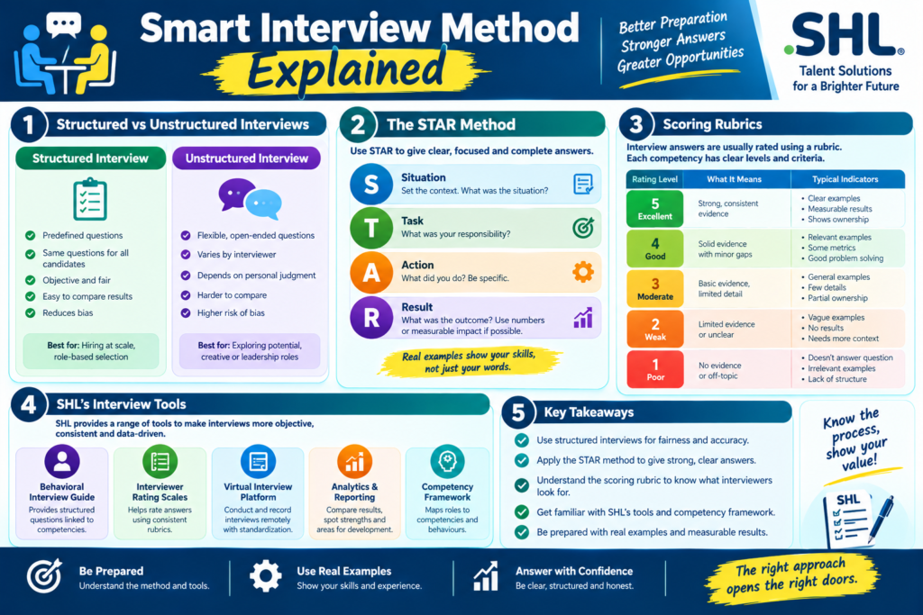 Smart interview method guide covering structured interviews, STAR answers, scoring rubrics, and SHL interview tools.