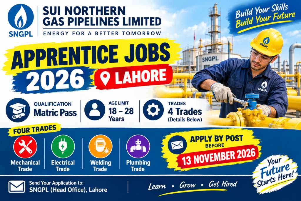 Sui Northern Gas Pipelines Limited (SNGPL) job recruitment ad for Apprentice Jobs 2026 in Lahore, requiring Matric Pass qualification for 4 trades