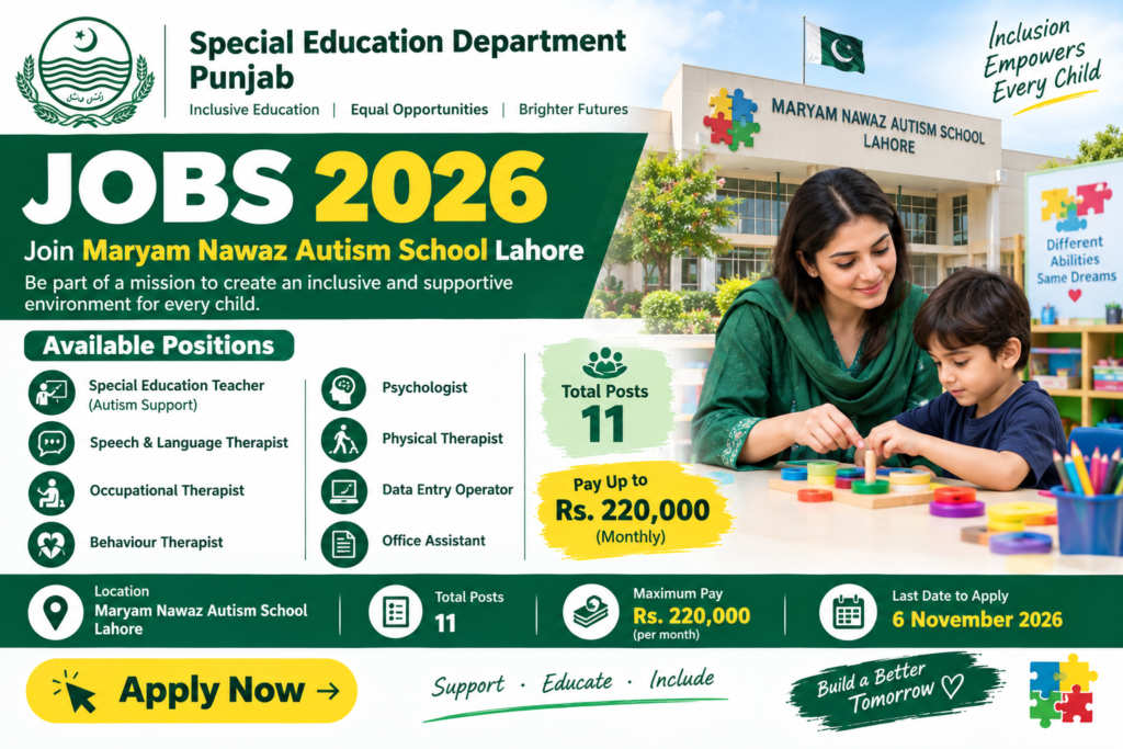 Special Education Department Punjab Jobs 2026 at Maryam Nawaz Autism School Lahore with 11 vacancies