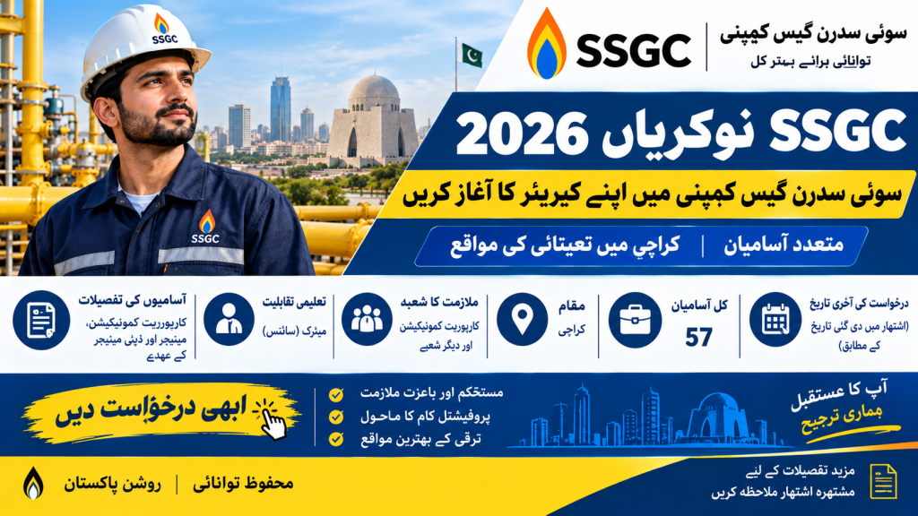 SSGC Jobs 2026 Urdu recruitment advertisement for multiple vacancies at Sui Southern Gas Company in Karachi.
