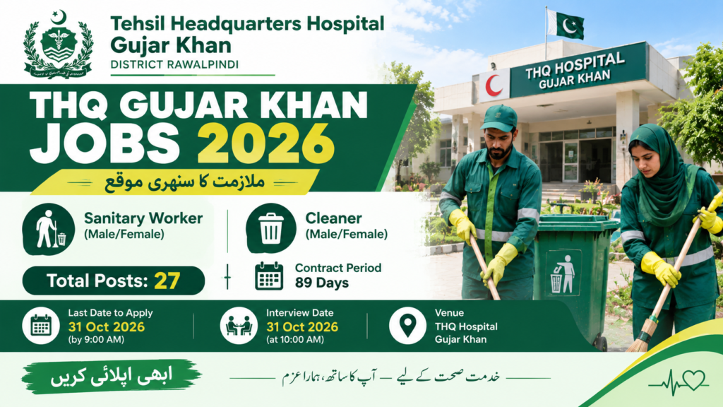 THQ Gujar Khan Jobs 2026 for male and female sanitary workers and cleaners